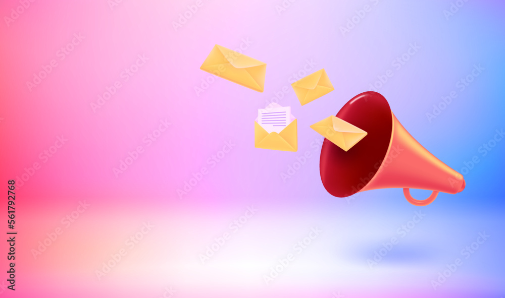 Aufkleber Loudspeaker with new messages. Vector 3d banner with doodling
