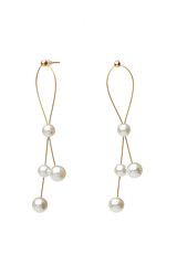 Close-up shot of gold stud earrings decorated with pearl beads. Pearl beaded earrings are isolated on a white background. Front view.