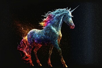 Obraz na płótnie Canvas illustration, fantasy unicorn with colored lights, image generated by AI