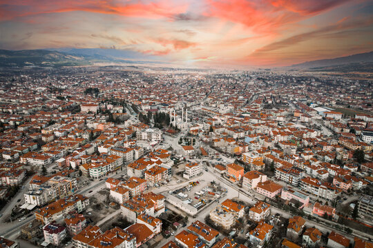 city silhouette, aerial view Antalya Korkuteli, city photos taken with drone