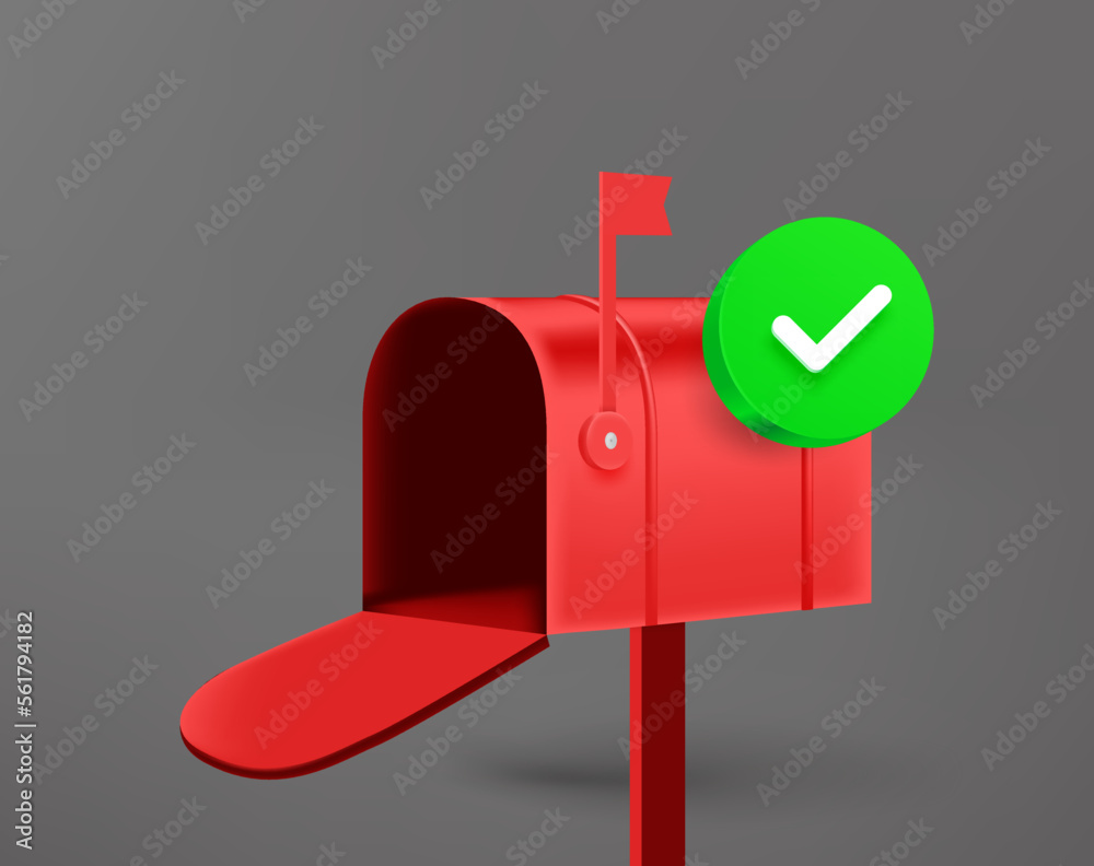 Poster opened postage box with green checkmark. 3d vector icon