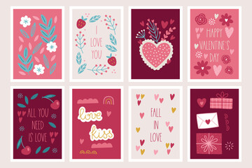 Valentine greeting cards with flowers, leaves, berries, hearts, cherry, gift