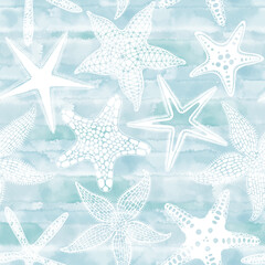 Starfish on blue watercolor background. Seamless vector pattern. Perfect for wallpaper, wrapping, fabric and textile.