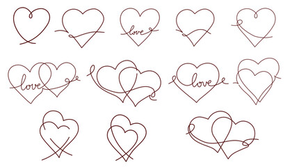 One continuous drawing of two hearts and love sign collection. Divider shape with romantic symbol in simple linear style. Banner, Poster, Card Design Template. Editable stroke. Vector illustration