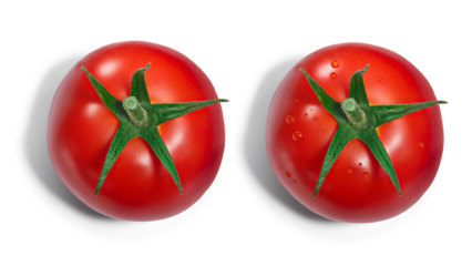 Single fresh ripe round tomato with sepal, with and without dewdrops, top view isolated png