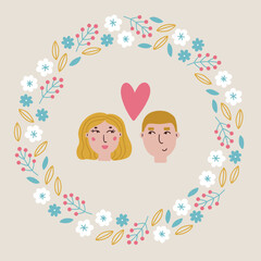 Valentine greeting card with berries, hearts, couple, flowers, leaves