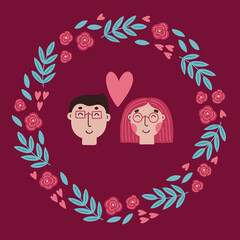 Valentine greeting card with flowers, hearts, couple. People in love