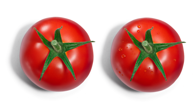 Single fresh ripe round tomato with sepal, with and without dewdrops, top view isolated png