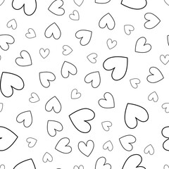 Valentines Day heart motif. Doodle style heart seamless pattern. Black and white line Valentines repeat decoration.