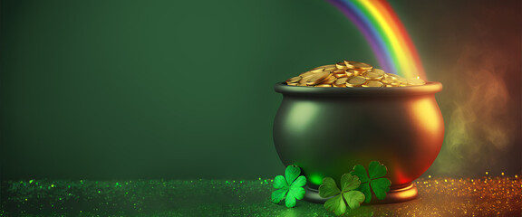 Banner with Pot of gold coins, clover leaves and rainbow. St. Patrick's day concept. Generative AI illustration