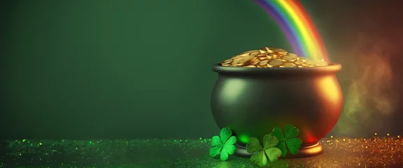 Foto op Canvas Banner with Pot of gold coins, clover leaves and rainbow. St. Patrick's day concept. Generative AI illustration © colnihko