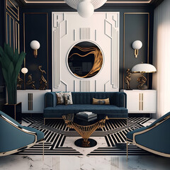 Living room interior design, style of art deco, furniture, hotel, generative ai