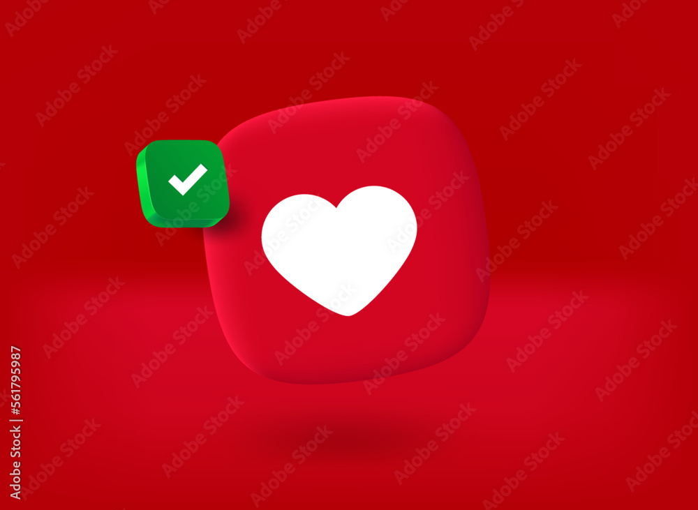 Leinwandbilder button with heart icon with checkmark pictogram. 3d vector illustration