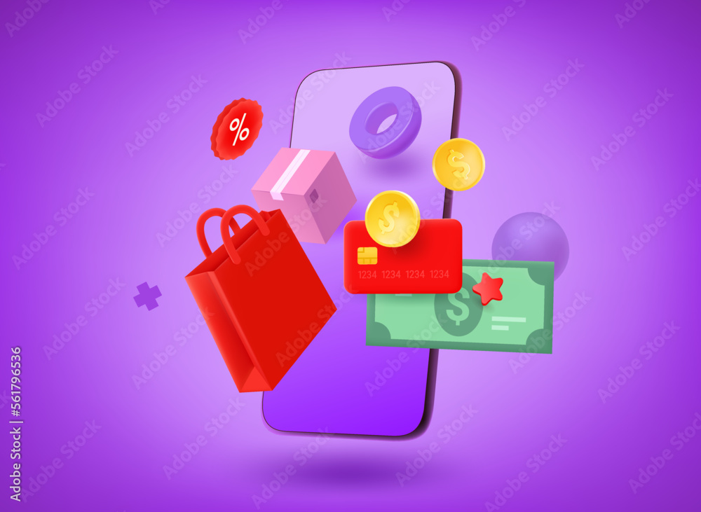 Poster Making purchases via mobile application. Shopping concept. 3d vector illustration