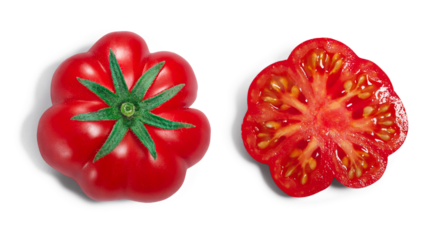 Ribbed tomato, whole and half, paths, top view isolated png