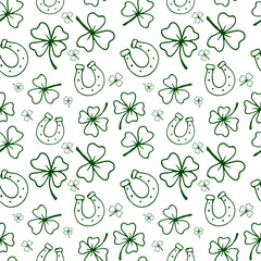 Saint Patrick. Spring. March 17. Spring holiday. Leprechaun. Hat. Gold. Clover. Four leaf clover. Luck. Doodle. Decor set. Pattern set. St. patrick seamless vector print.