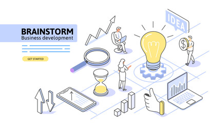 light bulb Isometric idea vector. Business creativity and team work