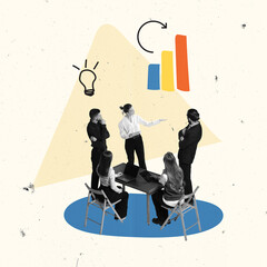 Contemporary art collage. Conceptual design. Team meeting. People, employees discussing current working issues, statistics