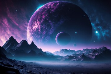Naklejka na ściany i meble illustration, space scene with purple colors, AI generated image