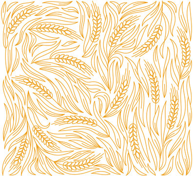 Cereal wheat straw pattern background. Ears of wheat, rye or barley. Vector editable outline stroke. Wrapping paper for bread.