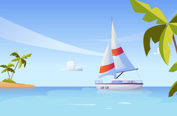 Summer Vacation on Sailing Yacht. Sea Landscape banner. Tropical Ocean. Vector Illustration in cartoon style.