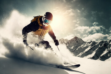 skier skiing fast downhill with powder snow. ski season concept. generative ai - obrazy, fototapety, plakaty
