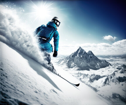 skier skiing fast downhill with powder snow. ski season concept. generative ai