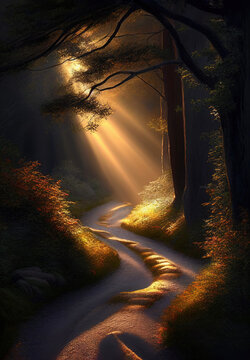 path in forest with sun rays and morning warm sunlight. generative ai © ArgitopIA