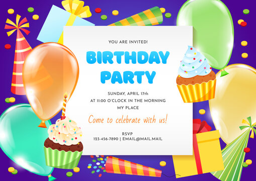 Bright Birthday party invitation template. Colorful background of cartoon objects: gift boxes, balloons, cupcakes, firecrackers, party hats with white blank space on a blue background. Vector 10 EPS.
