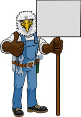 Eagle Cartoon Mascot Handyman Holding Sign