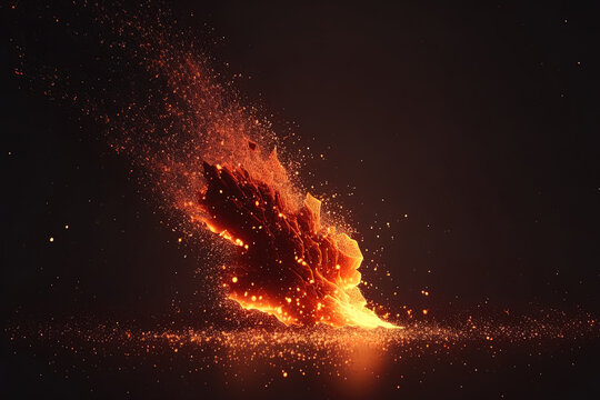 Burning red hot sparks fly from large fire in the night sky. Beautiful abstract background on the theme of fire, light and life. Fiery orange glowing flying away particles over black background in 4k