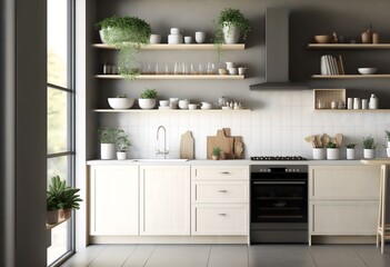 A photo of a minimalist kitchen with clean lines and neutral colors, with a focus on the open shelves, representing the idea of a clean and uncluttered kitchen space (AI)