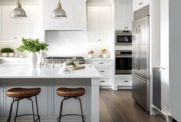 Naklejka na ściany i meble An image of a well-lit kitchen with white cabinets and countertops, with a focus on the island with barstools, representing the idea of a clean and inviting space for cooking and entertaining (AI)