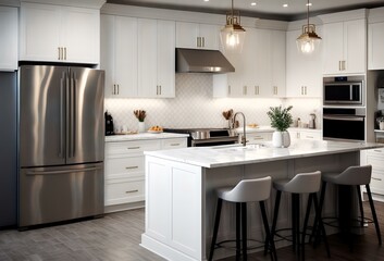 An image of a well-lit kitchen with white cabinets and countertops, with a focus on the island with barstools, representing the idea of a clean and inviting space for cooking and entertaining  (AI)