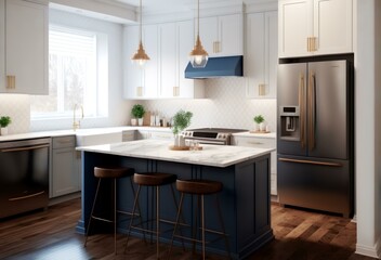 An image of a well-lit kitchen with white cabinets and countertops, with a focus on the island with barstools, representing the idea of a clean and inviting space for cooking and entertaining  (AI)
