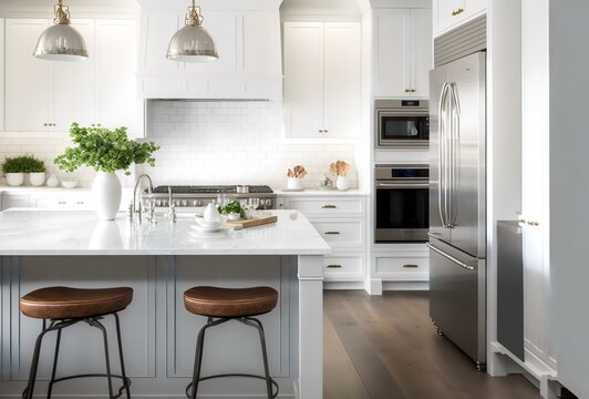 An image of a well-lit kitchen with white cabinets and countertops, with a focus on the island with barstools, representing the idea of a clean and inviting space for cooking and entertaining  (AI)