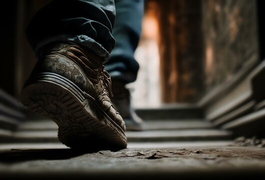 Close-up Shot Of A Person's Foot Taking A Step On A Stair, Representing The Idea Of Small But Steady Progress’s (AI)