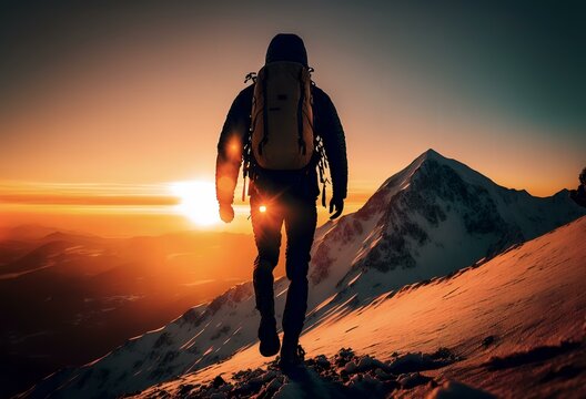 image of a man reaching the summit of a mountain, with the sun setting behind him, representing the idea of achieving a goal after hard work and perseverance (AI)