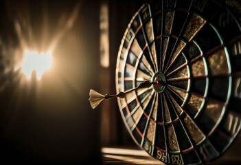 Image of a dart board with an aiming target.  Taken in the golden hour light  Conveys the concept of success and rushing towards the goal (AI)