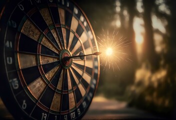Image of a dart board with an aiming target.  Taken in the golden hour light  Conveys the concept of success and rushing towards the goal (AI)