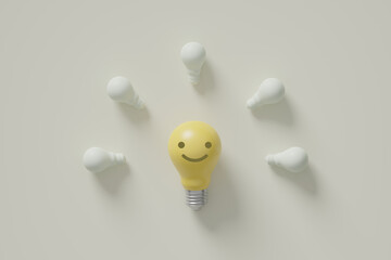 Minimal positive idea and innovation concept, Smile yellow light bulb icon, Creative and idea sign, Solution thinking, Innovation success, 3D rendering, 3D illustration.