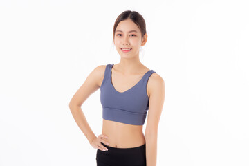 Fototapeta na wymiar Portrait of beautiful young asian woman in sportwear smile and showing waist and abs isolated on white background, sport and exercise for health, female slimming with confident and wellness