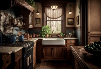 photo of a traditional kitchen with wood cabinets, a farmhouse sink, and vintage appliances, representing the idea of a classic and timeless kitchen design (AI)