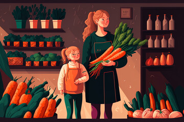 Mother of the family and a young girl with organic vegetables vegan diet a healthy lifestyle locally produced carrots and beets grocery shopping agricultural concept. Generative AI