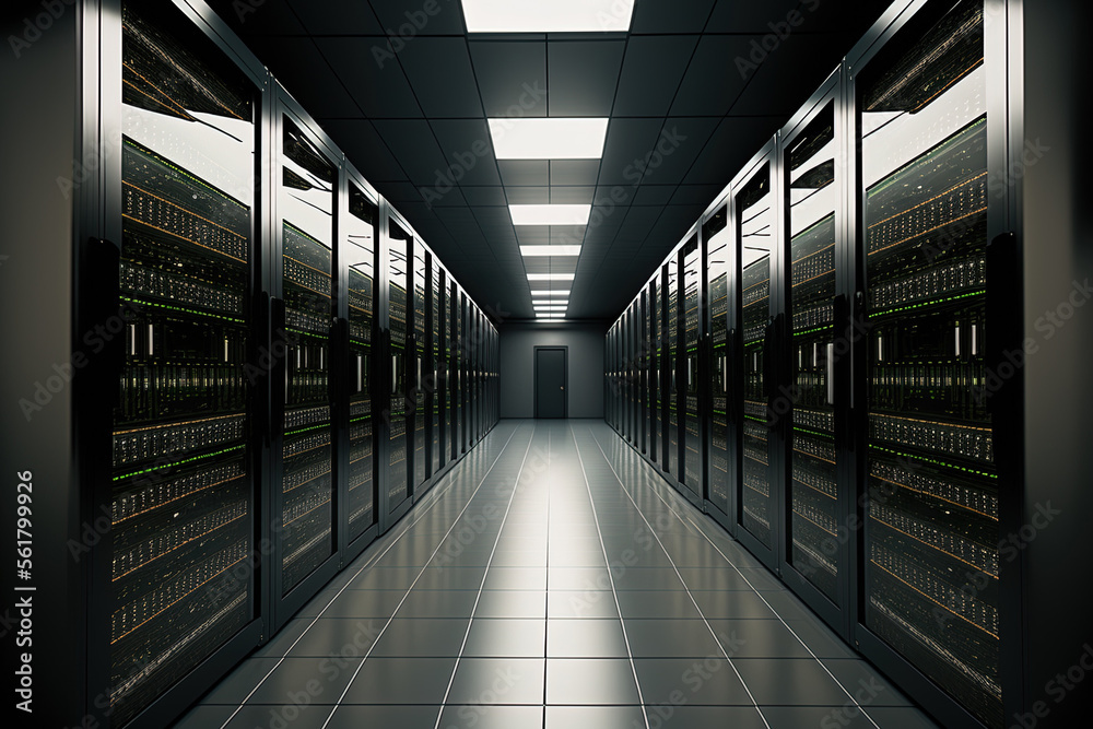 Poster image of a corridor in a working data center with many supercomputers and rack servers. generative a
