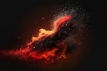 Burning red hot sparks fly from big fire. Beautiful abstract background on the theme of fire. Burning coals, flaming particles flying off against black background. Generative AI