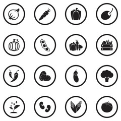 Vegetables Icons. Black Flat Design In Circle. Vector Illustration.