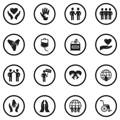 Volunteering Icons. Black Flat Design In Circle. Vector Illustration.