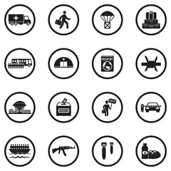 War Refugee Icons. Black Flat Design In Circle. Vector Illustration.