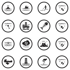 Water Pollution Icons. Black Flat Design In Circle. Vector Illustration.